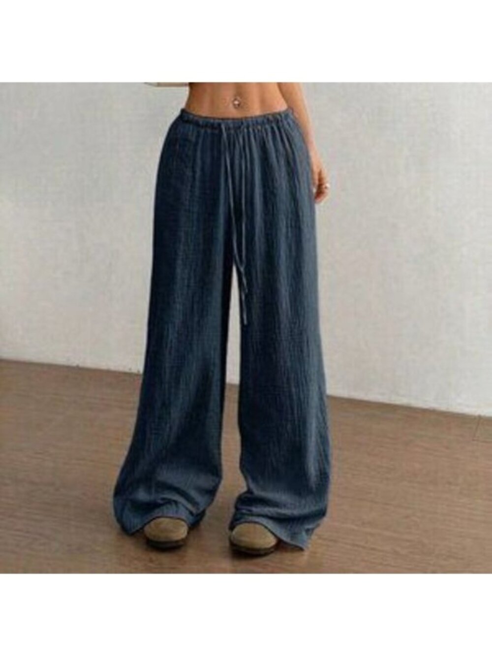 Navy Blue Casual Women's Ultra Low-Rise Cotton Straight Leg Pants